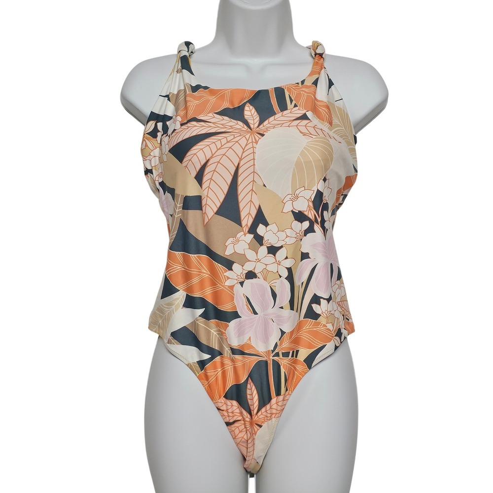 Aerie Real Good Tropical Floral One Piece Swimsuit Orange Pink Large Full Covera